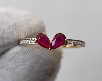 Elegant Two Stone Ruby Ring, Pear Cut Vintage Ruby Ring, 14k Gold Ring With Diamonds, Red Ruby Engagement Ring, Ruby Wedding ring For Her