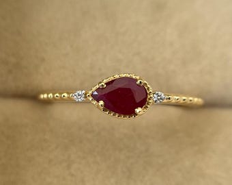 Art Deco Ruby Ring, 14k Gold Pear Cut Red Ruby Ring, Ruby Engagement Ring with Diamonds, Vintage Ruby Wedding Gift For Her