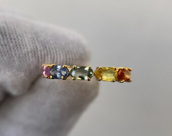 Elegante anillo de zafiros múltiples, anillo de 5 piedras con talla ovalada, anillo de compromiso de zafiro en oro de 14k, anillo de pedida de mano, anillo de piedra natal, joyería de zafiro.