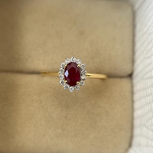 Elegant Red Ruby Ring, 14k Gold Oval Cut Ruby Ring, AAA Ruby Halo Engagement Ring, Vintage Ruby Diamond Ring, Ruby Proposal Ring For Her