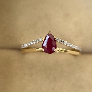 Delikat päronslipat rubinring, förlovningsring i 14k gult guld med diamanter och rubin, art déco-rubinring, vintage rubinbröllopspresent till henne