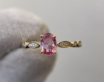 Ethnic Pink Sapphire Ring, Natural Sapphire Anniversary Ring, 14k Solid Gold, Sapphire Ring with Diamonds, Engagement Ring, Wedding Ring