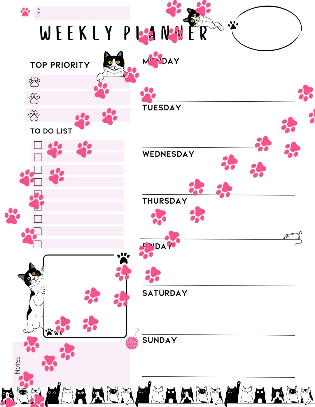 Printable Cat Weekly Planner Page ~ Digital File ~ Kitten ~ Black ...