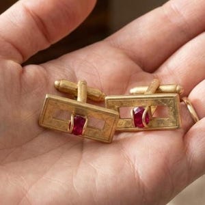14K Gold Plated Silver Women's Round Ruby Cufflinks, Vintage Groom Gift, Men's Jewelry