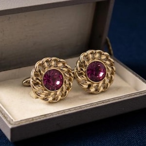 Gemelli in argento placcato oro 14 carati con rubino rosa, gioiello vintage da uomo con catena e alone, idea regalo