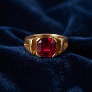 May include: A gold ring featuring a square-cut, deep red gemstone set in a wide, polished metal band. The setting has a geometric, open-sided design that frames the vibrant red stone, which displays a clear, faceted surface and rich colour.