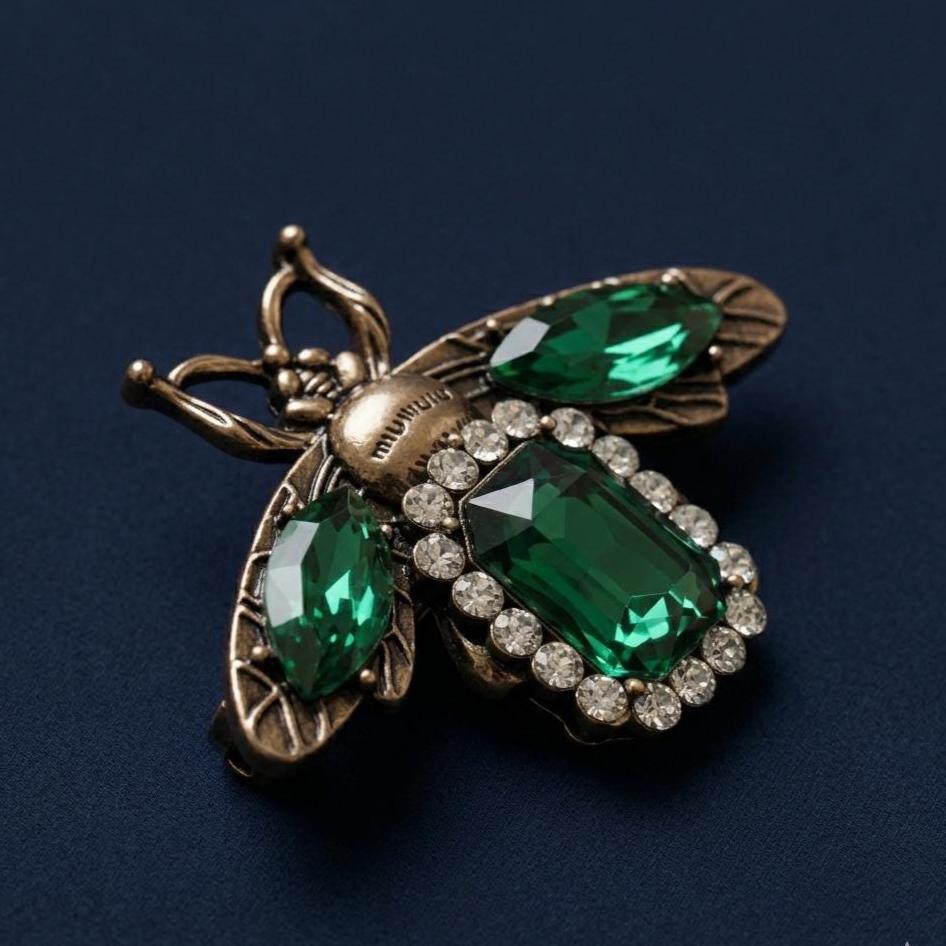 Green Crystal Bee Brooch 14K Gold Plated Silver Antique Insect Pin Whimsical Statement Jewelry