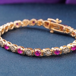 Ruby Gemstone Tennis Bracelet, 14k Yellow Gold Plated Sterling Silver Tennis Bracelet For Women, Round Pink Stone Bracelet, Gift For Her