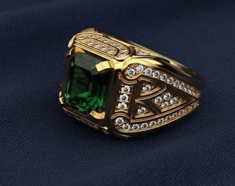 Art deco gesimuleerde groene smaragd ring 14K vergulde zilveren statement ring heren