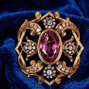 May include: A gold-toned brooch with an oval, pink gemstone center. The brooch features intricate filigree and is adorned with numerous small, sparkling diamonds. The design is symmetrical and set against a deep blue background.