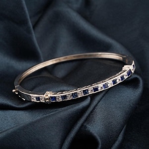 Blue Sapphire With Diamond Silver Bangle, 14k White Gold Plated Sterling Silver Bangle Bracelet For Women, Princess Shape Shiny Stone Bangle