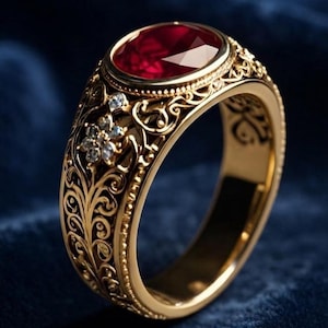 May include: A gold ring featuring a large, oval-cut deep red gemstone set in the centre. The band is crafted with intricate, raised scrollwork and filigree patterns, accented by a small cluster of clear, sparkling stones on the side.