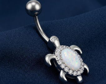 Opal Turtle Belly Button Ring - 14K Gold Plated Silver  Animal Navel Piercing