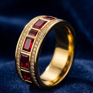May include: A gold band ring featuring a central row of rectangular-cut red rubies set in a channel. The rubies are flanked on both sides by two thin rows of small, round, clear pavé-set stones, creating a wide, detailed, and polished metallic band.