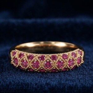 Vintage Milgrain Red Gemstone Eternity Wedding Band 14K Gold Plated Silver Ruby Band Ring