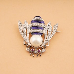 Broche abeille unique en argent émaillé bleu, broche en pierre de perle ronde pour femme, broche en argent sterling plaqué or blanc 14 carats, broche délicate pour femme
