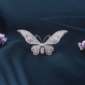 Broche papillon en argent, broche diamants scintillants et rubis rose pour femme, broche en argent sterling plaqué or blanc 14 carats, cadeau pour elle