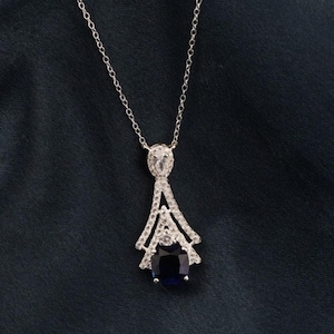 Blue Sapphire Gemstone Pendant With Round Diamond, 14k White Gold Plated Sterling Silver Pendant For Women, Dainty Charm Pendant Necklace