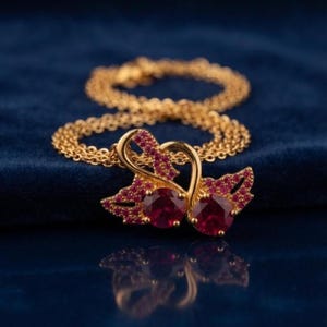 May include: A gold-toned necklace featuring a pendant shaped like two swans facing each other. The swan bodies are set with small pink stones, and each swan features a larger, round, deep pink stone at its centre, creating a cohesive design.