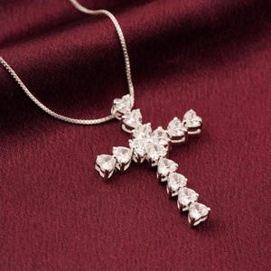 Silver Cross Pendant Necklace, 14k White Gold Plated Sterling Silver Necklace, Heart-Shaped Diamond Pendant, Dainty Pendant Necklace For Her