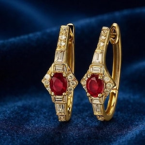 Vintage Style Statement Jewelry 14K Gold Plated Silver Ruby Huggie Hoop