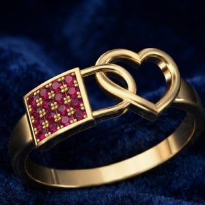 May include: A gold ring featuring a square-shaped charm embedded with multiple small, round, vibrant red stones. The charm is connected to a heart-shaped element that links to the main band, creating a cohesive, polished metal design.