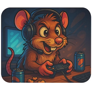 May include: A cartoon illustration of a brown mouse wearing a headset and playing a video game. The mouse is holding a game controller and smiling. Two cans of fizzy drink are on the table, along with a keyboard and computer monitor.