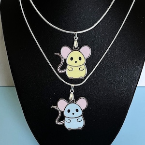 Rat and Mouse Necklace – Cute Animal Jewelry – Kawaii Pastel Enamel Pendant Gift