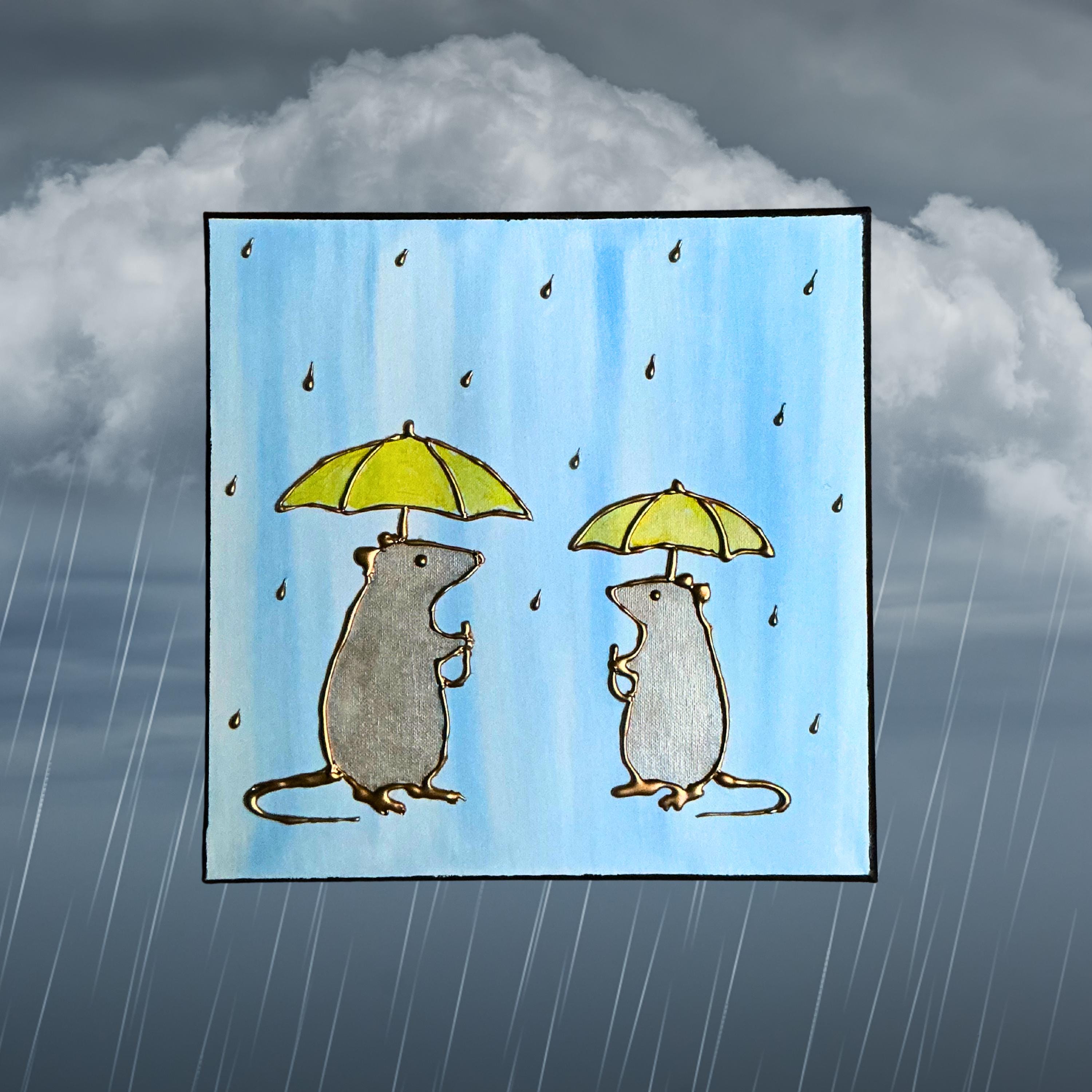 Rats in the Rain Painting – Mixed Media Rat Art on Canvas – Golden ...