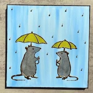 Rats in the Rain Painting – Mixed Media Rat Art on Canvas – Golden Drops of Love – 12x12 Animal Wall Decor