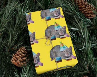 Rat Birthday Gift Wrap - Funny Pet Rat Wrapping Paper with Party Hat - Bright Yellow Quirky Animal Gift Wrap for Rat Lovers