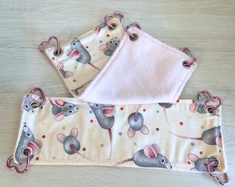 Hamaca para ratas con forro polar: 2 hamacas anticaídas para ratas, hurones, petauros del azúcar y mascotas pequeñas. Estampado de ratón adorable. Accesorios para jaulas hechos a mano.