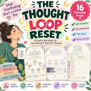 Puede incluir: Un libro de ejercicios digital titulado The Thought Loop Reset con 16 páginas imprimibles para la sobrepensación y pensamientos repetitivos. La portada muestra a una persona con una taza con texto, junto a páginas de muestra para una ruta de salida.