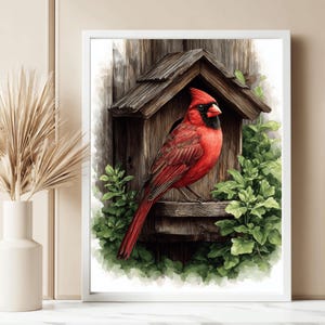 Cute Northern Cardinal Birdhouse Print – Watercolor Birds Wall Art, Birdhouse Decor, Bird Art, Nature Bird Print, Red Cardinal Watercolor