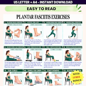 May include: A digital chart titled Plantar Fasciitis Exercises featuring twelve numbered instructional panels. Each panel includes a green header, repetition guidelines, a photograph of a person demonstrating the movement, and written instructions.