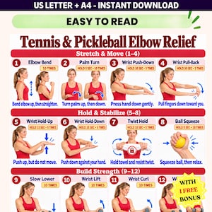May include: A digital instructional chart titled Tennis & Pickleball Elbow Relief featuring twelve numbered steps with illustrations of exercises. The guide includes text for stretches, stabilisation, and strength building, plus a free bonus star.