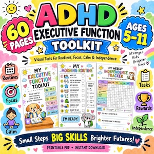 Può includere: Un kit di strumenti per le funzioni esecutive ADHD per bambini dai 5 agli 11 anni, con 60 pagine di strumenti visivi stampabili. Include una lista di controllo per la routine mattutina, un tracker settimanale dell'indipendenza e illustrazioni.