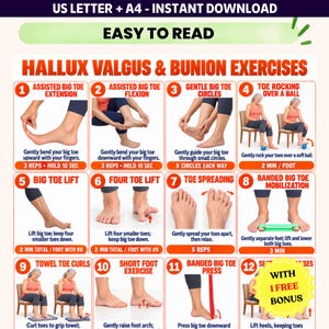 May include: An instructional chart titled Hallux Valgus & Bunion Exercises featuring twelve numbered panels with illustrations of feet and toes demonstrating physical therapy movements, including toe extensions, lifts, and stretches.