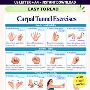 Può includere: Un poster didattico intitolato Carpal Tunnel Exercises che presenta dodici illustrazioni numerate di movimenti della mano e del polso. La guida include sezioni per la mobilità della mano, lo scorrimento dei tendini e la mobilità di polso e avambraccio.
