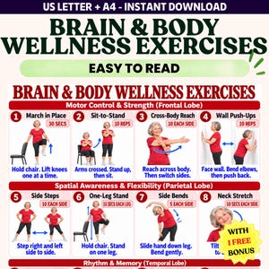 Può includere: Una tabella digitale intitolata BRAIN & BODY WELLNESS EXERCISES con otto illustrazioni numerate di una persona con maglietta rossa e pantaloni neri che esegue movimenti fisici. Il testo include istruzioni per il controllo motorio e la flessibilità.