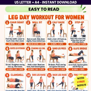 Könnte beinhalten: Ein digitales Trainingsplakat mit dem Titel LEG DAY WORKOUT FOR WOMEN, das 12 nummerierte Übungsillustrationen wie Kniebeugen auf dem Stuhl, Wandsitz und Beckenheben mit Anleitungen zeigt, verfügbar in den Formaten US Letter und A4.