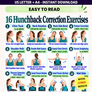 May include: An instructional chart titled 16 Hunchback Correction Exercises featuring numbered illustrations of various physical movements. The document includes text for US Letter and A4 sizes, with instructions for each exercise like chin tucks.
