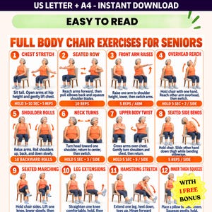 May include: A digital chart titled FULL BODY CHAIR EXERCISES FOR SENIORS featuring twelve numbered illustrations of a person in an orange tank top and blue pants performing seated exercises. Includes text instructions for each movement.