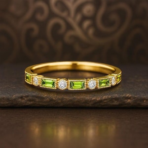 Peridot & Moissanite Half Eternity Wedding Band in 18K Yellow Gold, Baguette and Round Cut Gemstone Band, Stacking Anniversary Ring