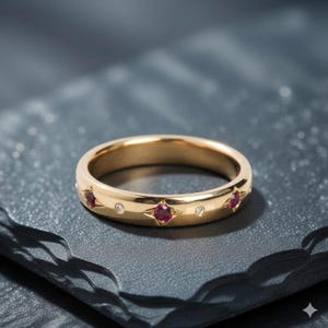 Könnte beinhalten: Ein goldener Bandring mit drei Rubinen und zwei kleineren Diamanten. Der Ring hat eine polierte Oberfläche und liegt auf einer dunklen, strukturierten Oberfläche. Die Edelsteine sind in sternförmigen Fassungen gefasst.