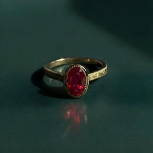Antique Milgrain Bezel Set Ring, 3.00 CT Lab Grown Ruby Engagement Ring, Vintage Art Deco Solitaire Ring, 14K Yellow Gold Wedding Ring