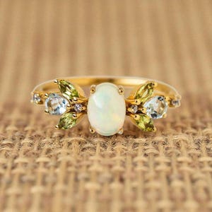 Vintage Opal Peridot 14K Yellow Gold Engagement Ring: Floral Art Deco Wedding Anniversary Gift October Birthstone Ring