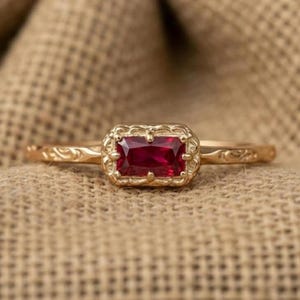 Art Deco Ruby Ring: Gold Vintage Engagement Band, Unique Ornate Filigree Anniversary Gift.