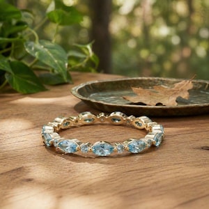 Dainty Aquamarine Eternity Ring | Marquise & Round Aquamarine Stacking Band | Delicate Gold Wedding Ring | March Birthstone Gift for Her