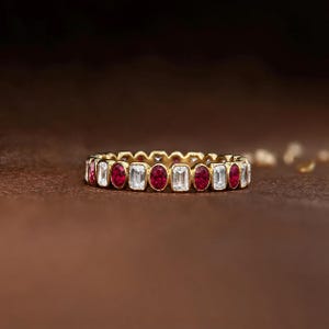 Emerald Cut Diamond Wedding Band, Oval Cut Bezel Set Ruby Eternity Band, Bridal Anniversary Matching Band for Her, Gift For Her Engagement